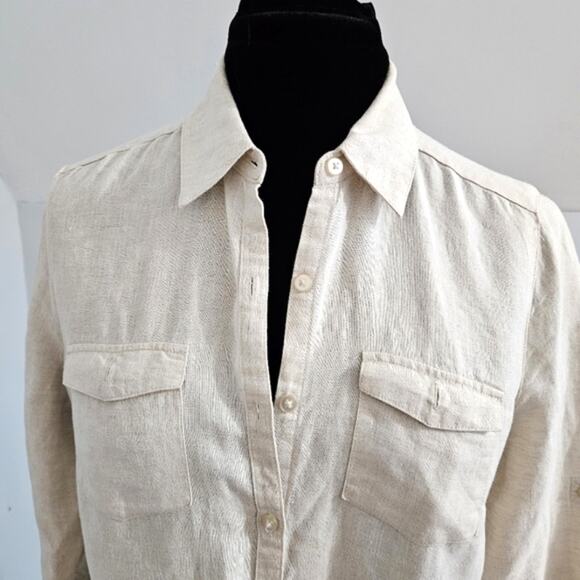 LINEN Button Front 3/4 Roll Tab Sleeves Chest Pocket Neutral Top PM - Picture 6 of 9